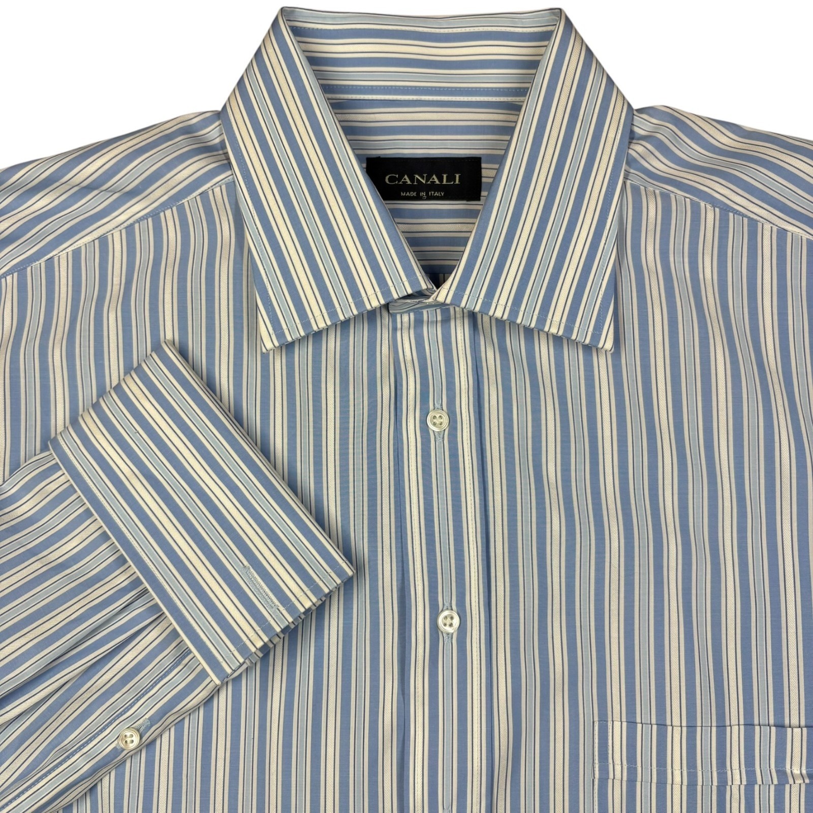 Canali French Cuff Dress Shirt Mens 17 Blue White Striped Made In Italy New